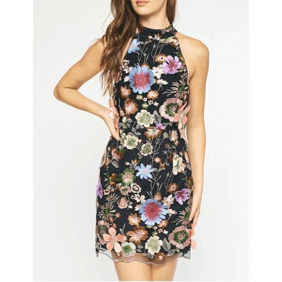 Entra Black Floral Overlay High Neck Sleeveless Dress - Picture 4 of 13